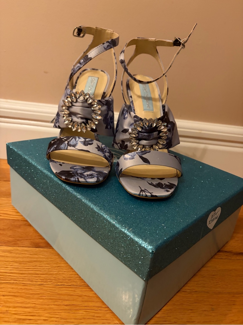 Floral Crystal-Embellished Ankle Strap Sandals - Betsey Johnson- Blue
